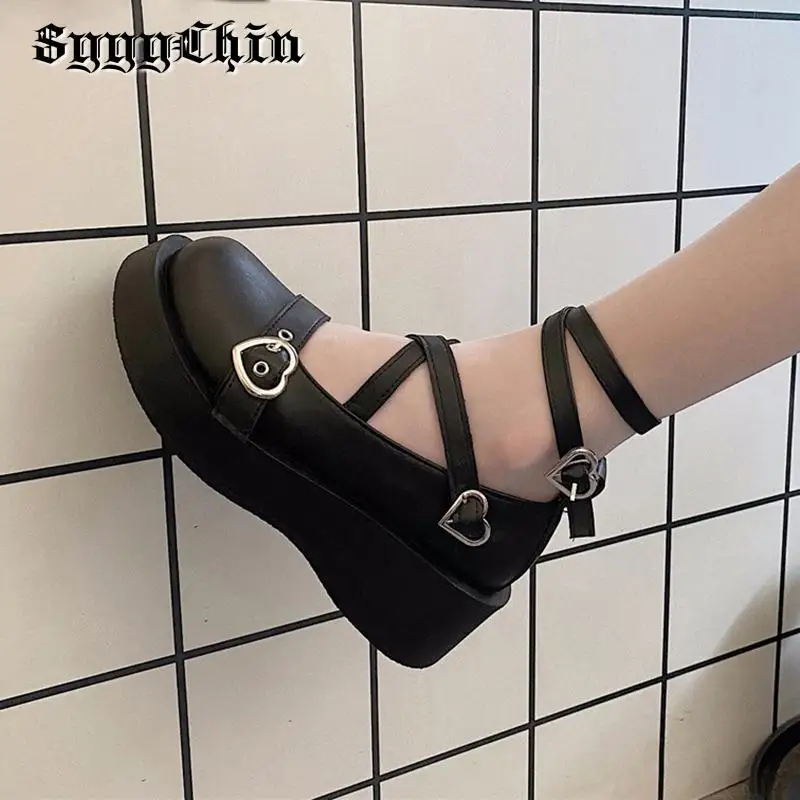 Women Mary Jane Shoes Harajuku Heart Black Wedge Thick Heel Platform Lolita Ladies Sandals Female Cross Tied Kawaii Sweet Shoes