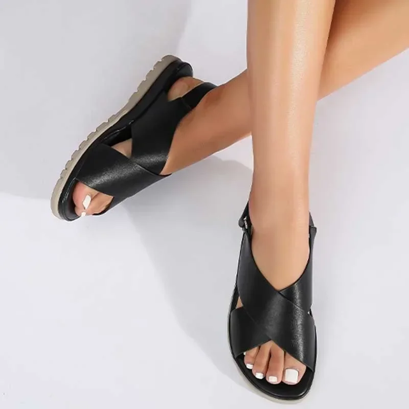 2024 Summer Women 1.5cm Platform 2.5cm Low Heels Sandals Lady Leisure Fashion Soft Leather Shoes Female Cross Belt Concise Flats