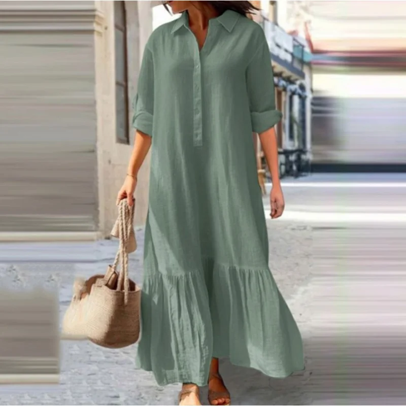 Boho Cotton Linen Dress - Damska sukienka maxi z kołnierzykiem koszulowym i guzikami