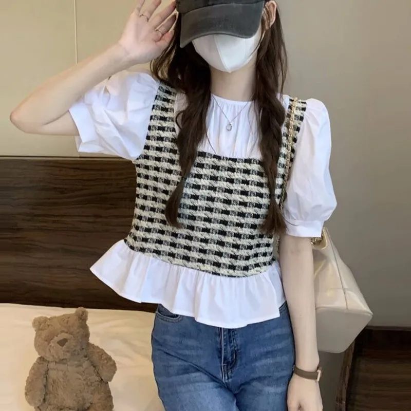 Summer Plaid Bubble Sve ort irt Women's Faion Design Casual Cover Belly  Dr Korean Sle round Ne Top