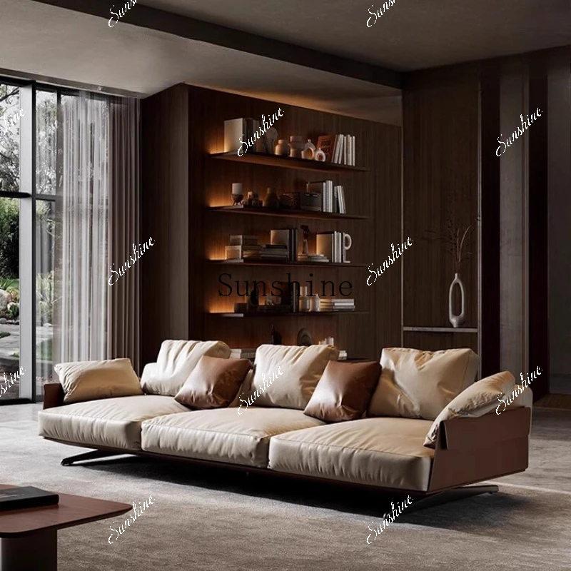 Italian minimalist living room first layer cowhide three-person combination high-end straight row leather sofaP