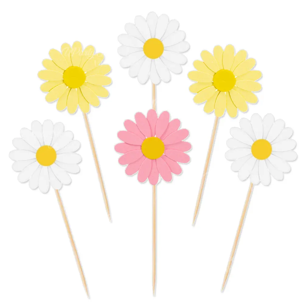 24 pçs toppers de cupcake de margarida rosa amarelo branco margarida bolo toppers para bebê em flor chá de bebê decoração de bolo de aniversário favor