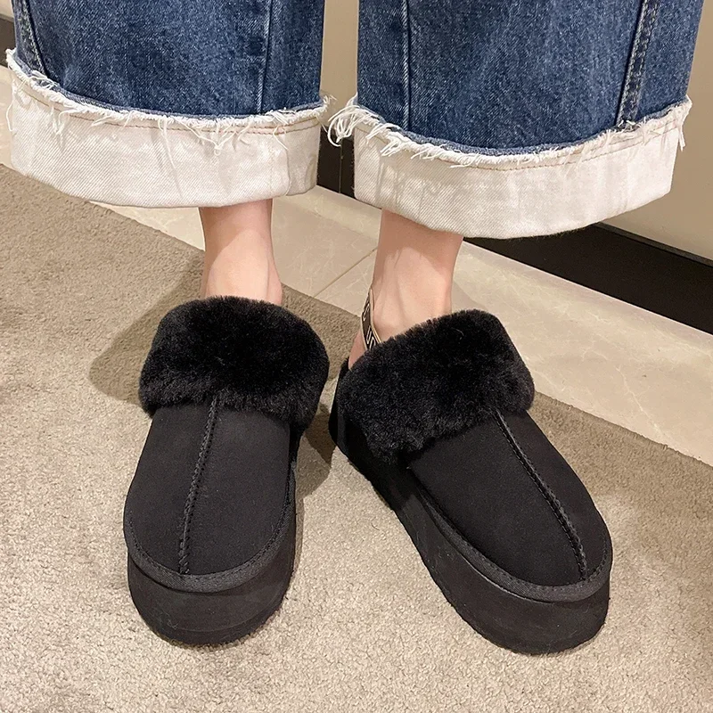 Zapatillas de piel de ante de Color liso para mujer, zapatos cálidos sin cordones con plataforma para el hogar, invierno, 2023