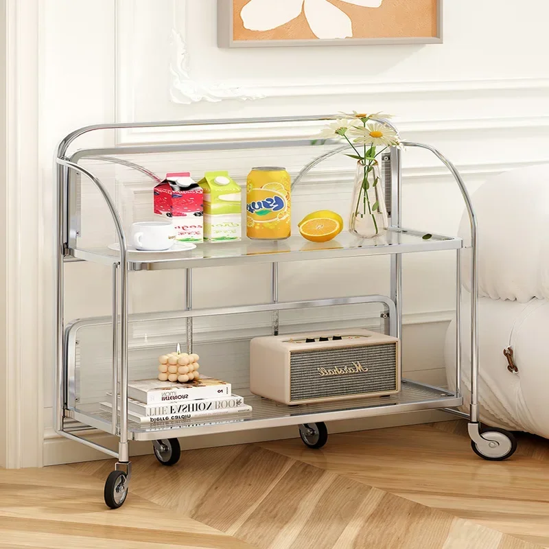 

INS Moving Side Table Modern Transparent Glass Coffee Table Folding Trolley with Wheels Corner Storage Shelf Furniture