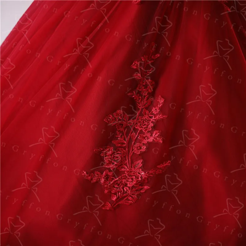 Robe de soirée en dentelle rouge foncé, nouvelle collection, épaules dénudées, robe de bal, de luxe, douce, à fleurs, Photo réelle