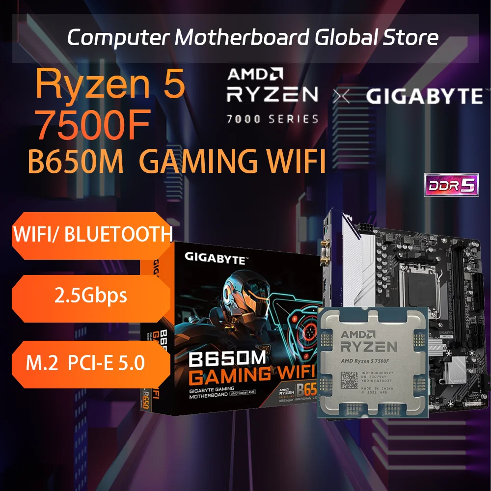 New AMD Ryzen 5 7500F CPU +GIGABYTE B650M GAMING WIFI 2.5G New Micro-ATX DDR5 6600 MHz M.2 USB3.2 64G Socket AM5 Motherboard