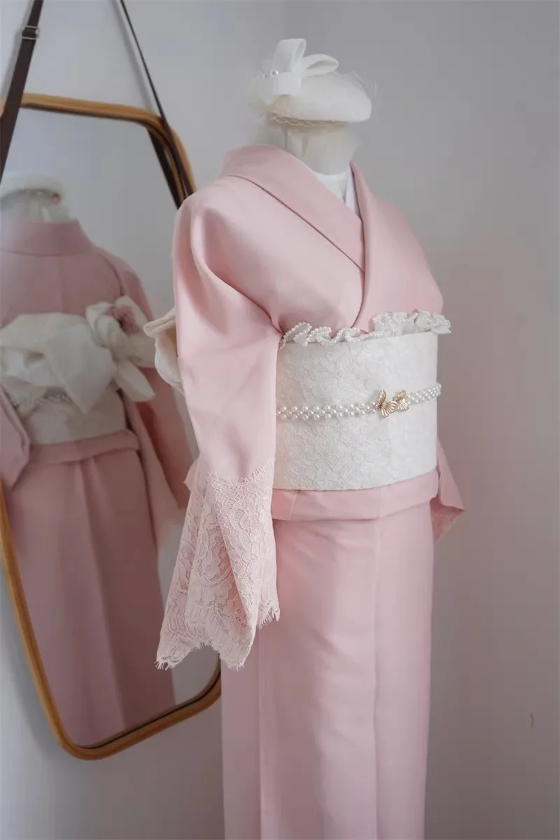 Women Japanese Formal Lace Kimono Embroidery Modified Yukata Romantic Style Photography Dress Cosplay Costume