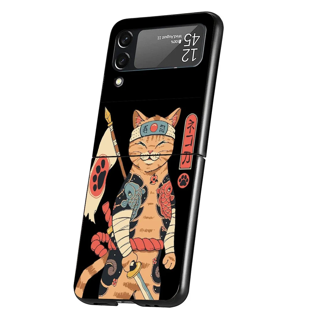 Ramen Sushi Samurai Tattoo Cat Cover Phone Case For Samsung Galaxy Z Flip 6 5 4 3 5G Flip6 Flip5 Flip4 Flip3 Black Hard Fundas S