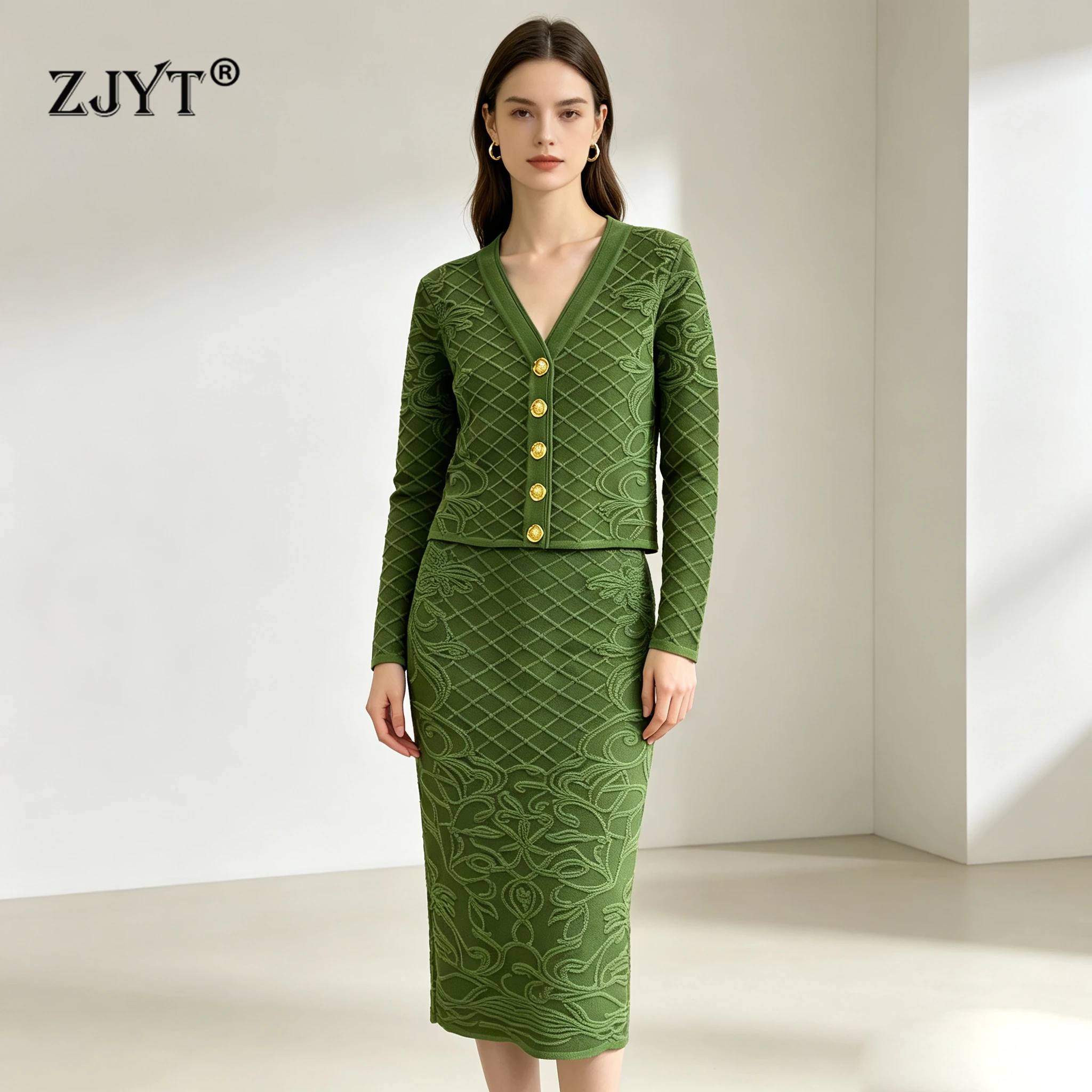 ZJYT Europe Fashion Women's Knitted Cardigans Sweater for Autumn Winter Luxury Jacquard Knit Tops Female Jumper Mujer Knitwears