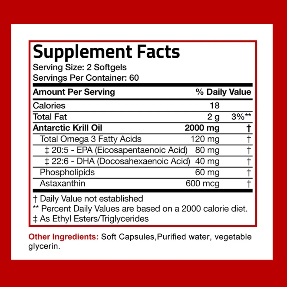 Antarctic Krill Oil 2000mg with Omega-3 EPA DHA and Astaxanthin - Premium Phospholipids, Non-GMO, Gluten Free