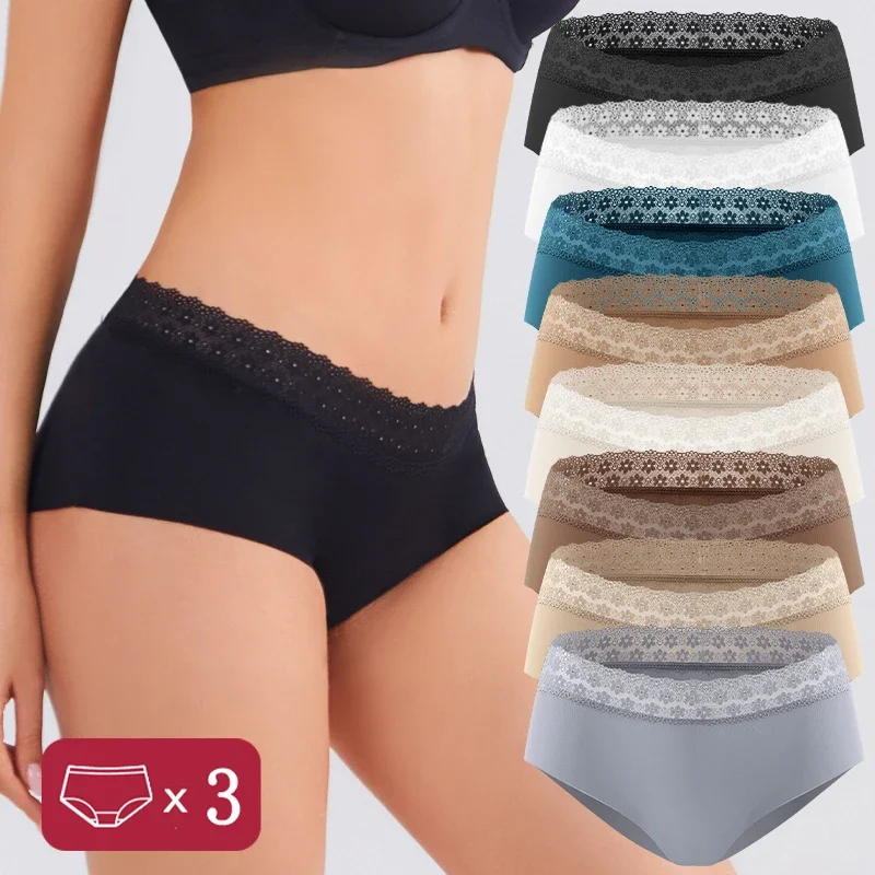 3Pcs/Set Women's Traceless Lace Trim Panties Solid Color Lace Floral Mid Waist Underwear Breathable Biiefs Female Sexy Lingerie