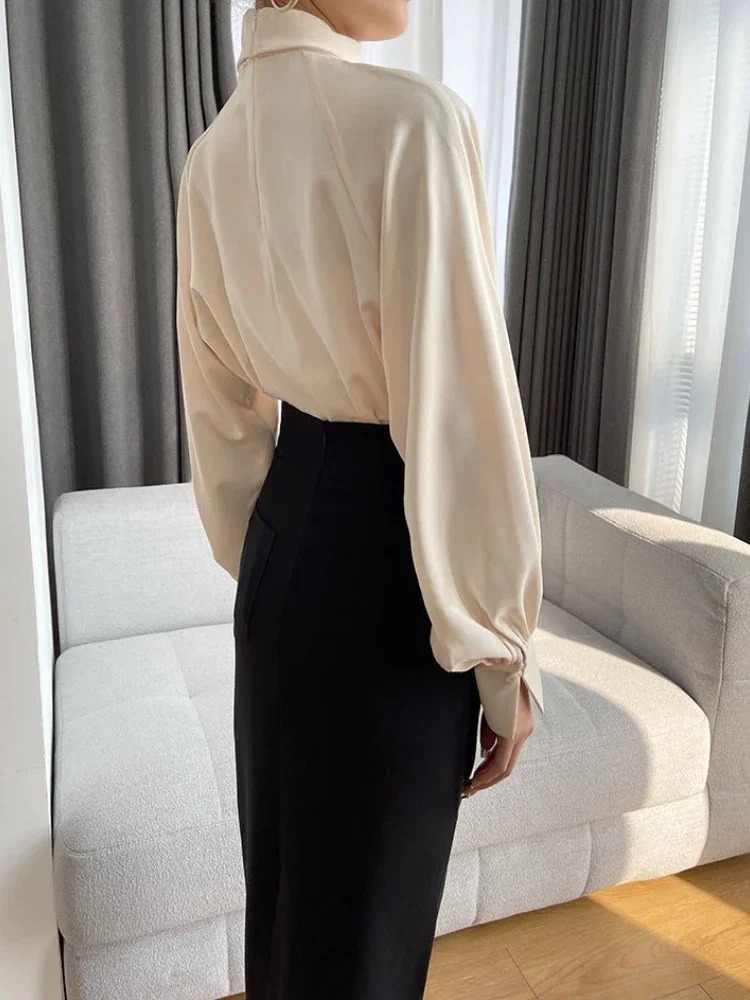 Camicetta da donna con colletto alla coreana e maniche a lanterna. Design dal temperamento elegante. Camicia da donna alla moda. Camicie larghe da donna da ufficio solide