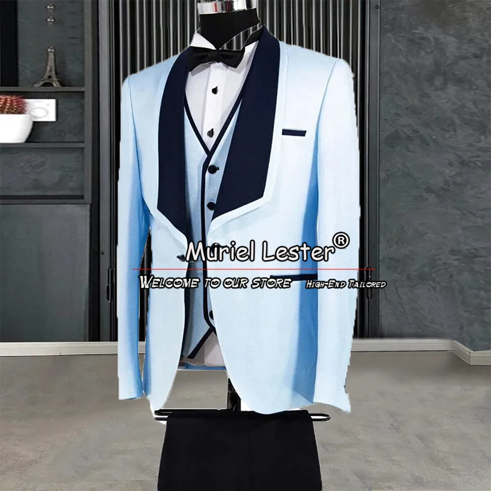 

Sky Blue Suits Men Formal Groom Wear Wedding Tuxedo Black Notched Lapel Jacket Tailor-Made 3 Pieces Blazer Vest Pants Male Dress