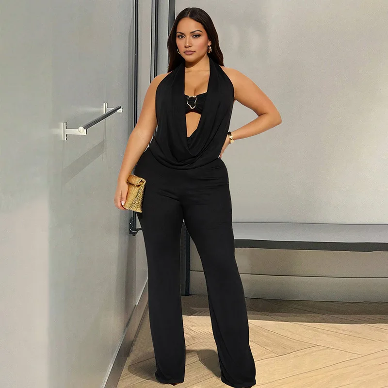 Black Women Jumpsuit 2 Pieces Top Bra+Pants Sexy Halter Sleeveless Long Sheath Party Gown Formal Evening Birthday Prom Robe
