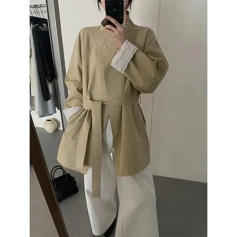

Fashion Lace Edge Top For Women Mid to Long Style One Button Windbreaker Spring Autumn Styles New Style Versatile British Coat