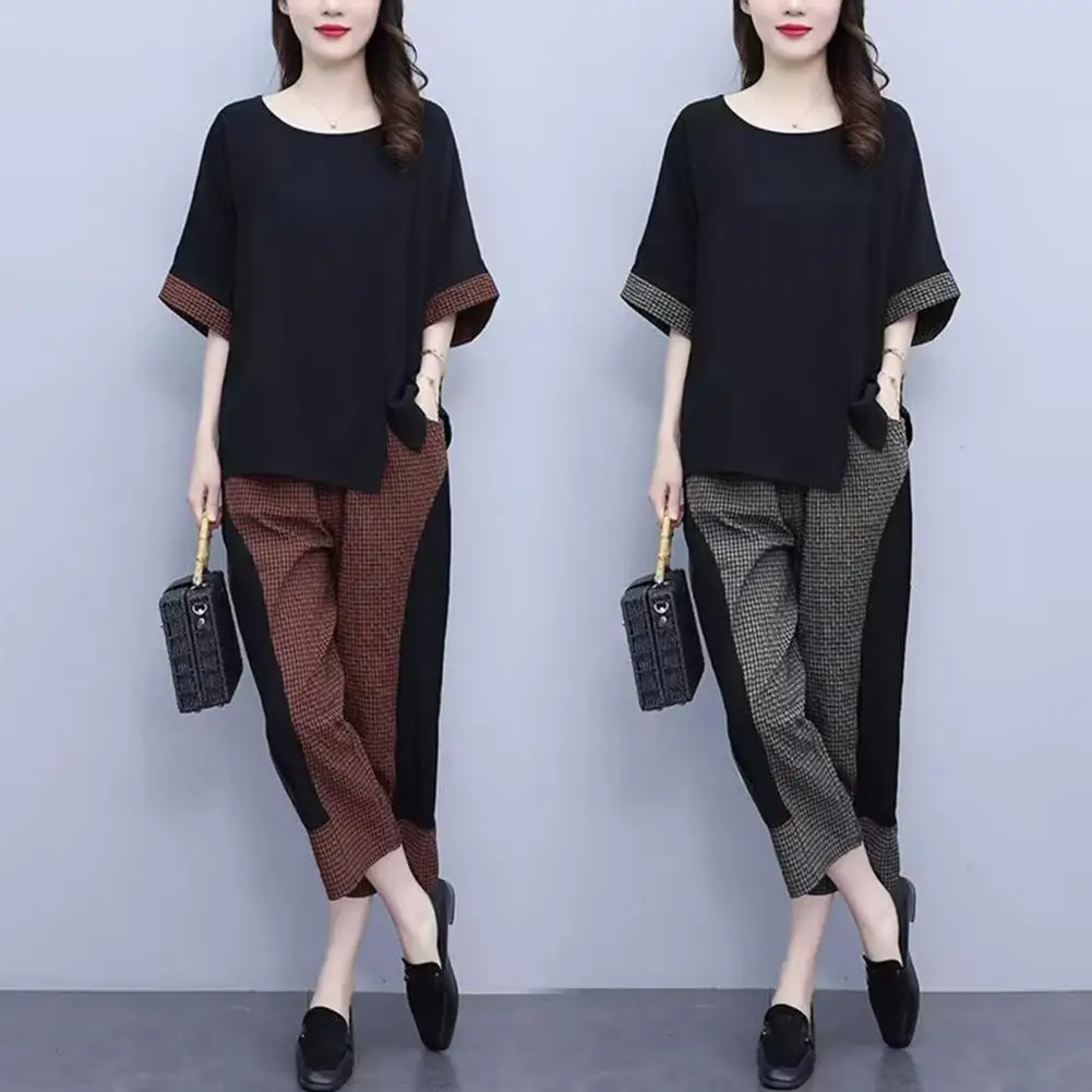 2 Pcs/Set Women T-shirt Pants Set Elastic Waist Round Neck Daily Wear Patchwork Cropped Pants Lady Summer Outfit Female Clothes