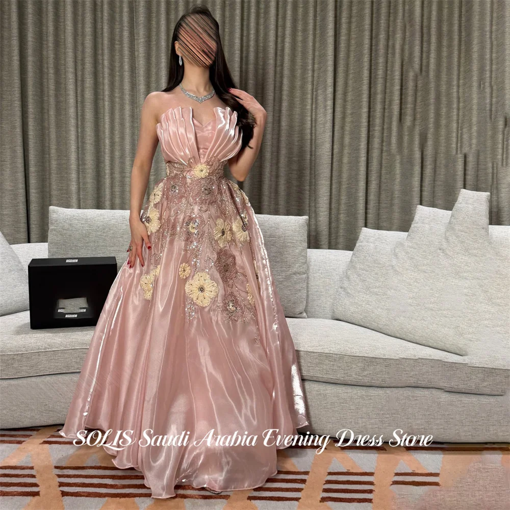 

SOLIS Blush Pink Evening Dress Strapless Sleeveless Prom Dress with 3D Flowers Party Formal Gown Organza robe de bal Customized