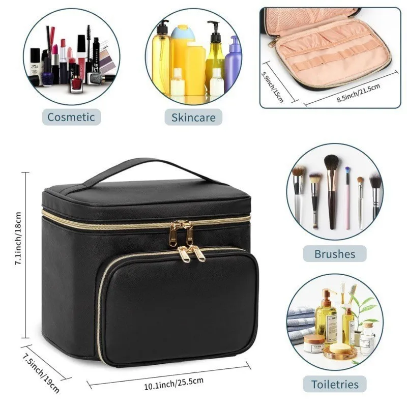 New Women's Cosmetics Storage Bag Black Waterproof PU Makeup Bags Casual Large Capacity Outdoor Travel Handbags with Partition