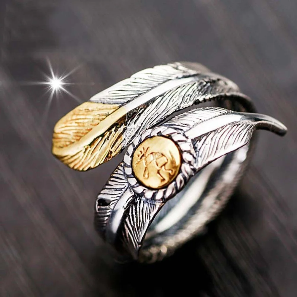 Delicate Womens Mens Antique 925 Silver Plated Couple Native Pawn Indian Jewelry Navajo Signed Feather Open Band Ring CoupleGift