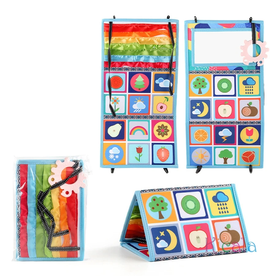 Składana zabawka do łóżeczka, miękka książeczka edukacyjna dla niemowląt, zabawka do zabawy na brzuszku, lusterko dla niemowląt, zabawki dla niemowląt wspomagające rozwój wzrokowy, zabawki edukacyjne dla noworodków.