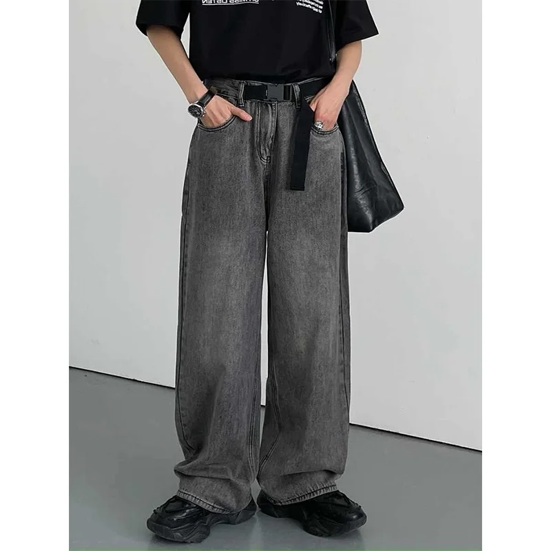 

Retro American Trendy ey e Wide Leg Men's Jeans Belt Design Loose Straight Cut Long Pants Youth Faion Spring Autumn