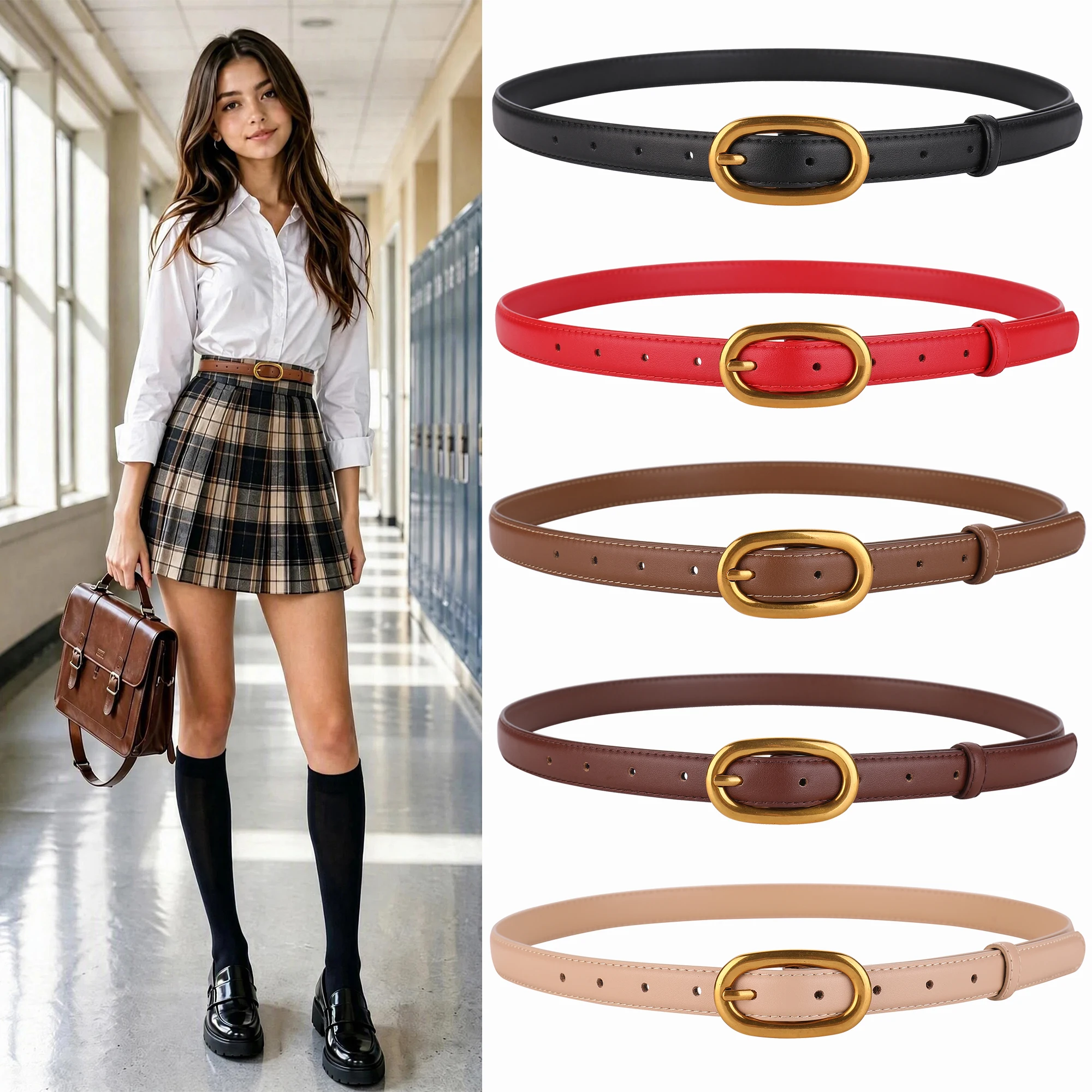 Women Genuine Leather Waist Belt Oval Antique Gold Pin Buckle Skinny Decorative Belt For Ladies Dress Jeans Daily Casual Outfit