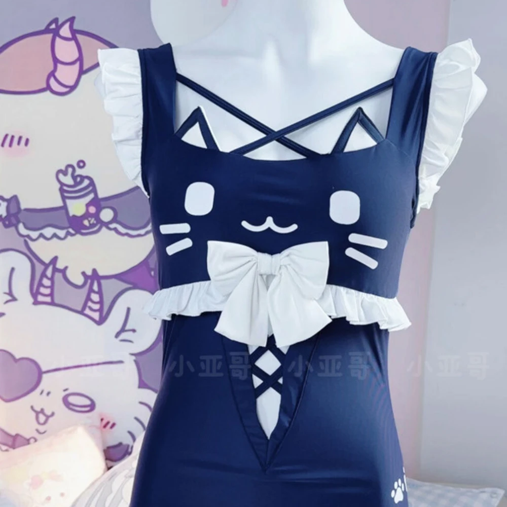 Japanese Women's Sweet and Cute Kawaii Bikini Lace Bow Cat Collar One-Piece Swimsuit Cute Girl Sweet Ruffled Edges 2026 New Item view 6