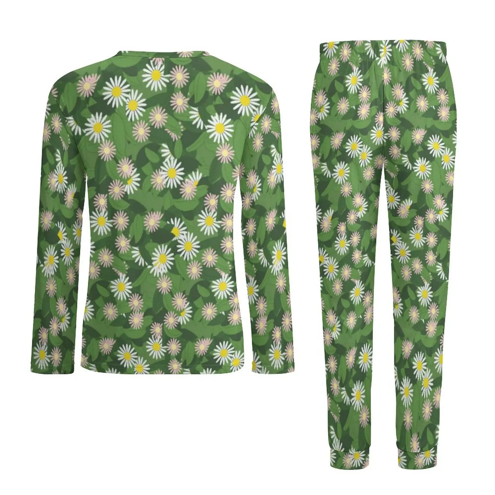 Daisy Floral  Print Pajamas Long Sleeves Green Leaves Two Piece Sleep Pajama Sets Winter Men Graphic Trendy Oversized Sleepwear