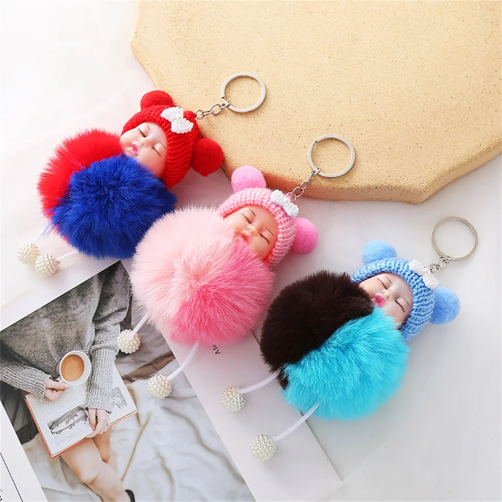 Plush Sleeping Baby Keychain Ring Fluffy Fur Pompon Pearl Trinket Key Chain Charm Cute Key Ring On Bag Car Key Pendant