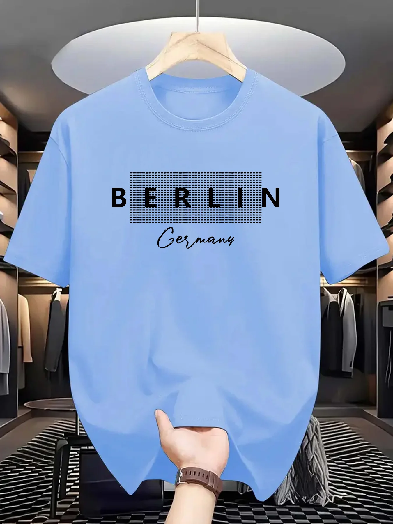 تي شيرت رجالي صيفي 100% من القطن الخالص عصري فضفاض رياضي برلين بنمط حروف مطبوع برقبة دائرية وأكمام قصيرة تي شيرت علوي #4