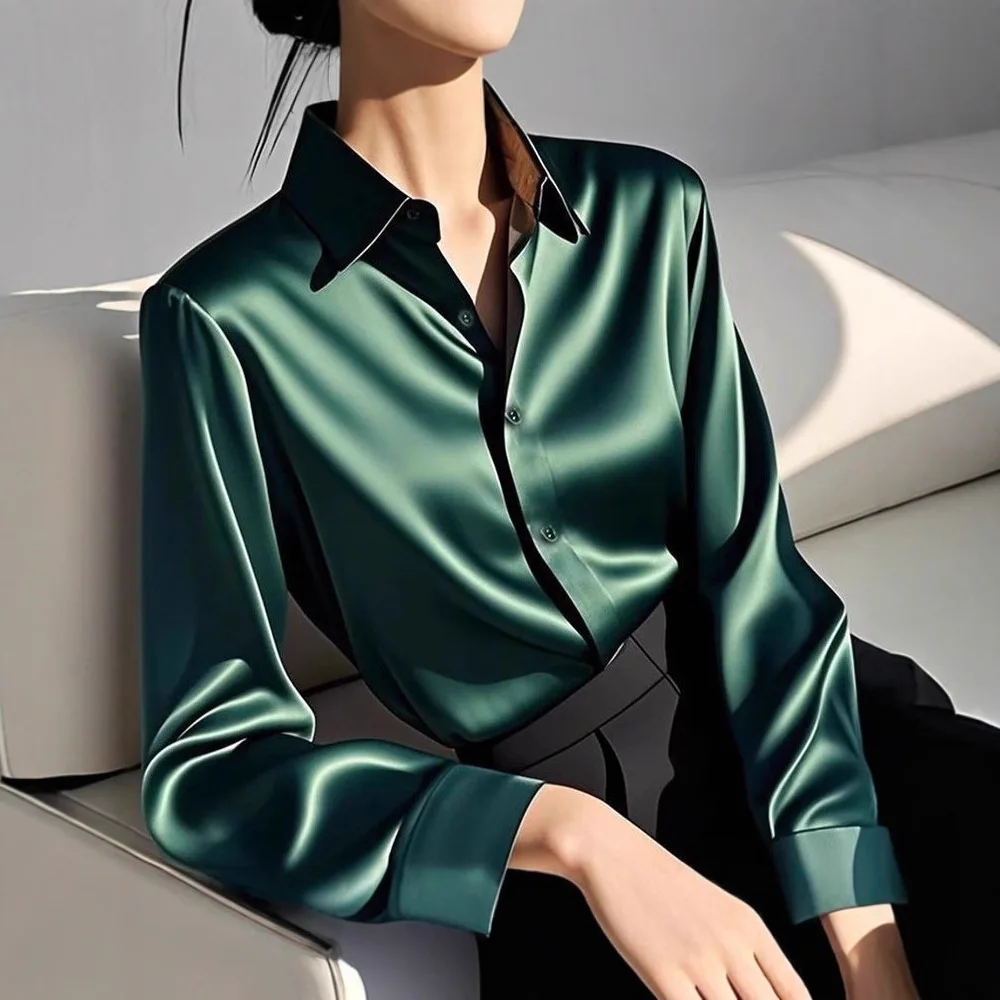 

2025 Spring New Arrival High-End Acetate Satin Dark Green Women's Long Sleeve Fashionable Stylish Blouse