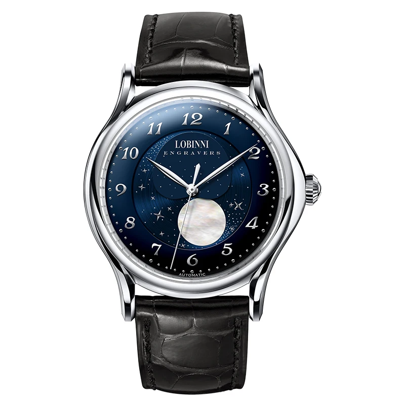 LOBINNI Modern MIYOTA Movement 42mm Relógio de pulso Fase da lua Relógio automático com corda automática