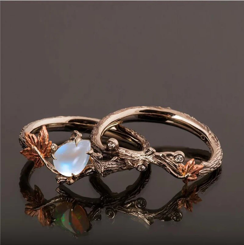 Gold Twig Maple Leaf Moonstone Ring Set para Mulheres Vintage, Antigo, Nupcial, Jóias De Casamento, Noivado, Presente De Aniversário, Moda