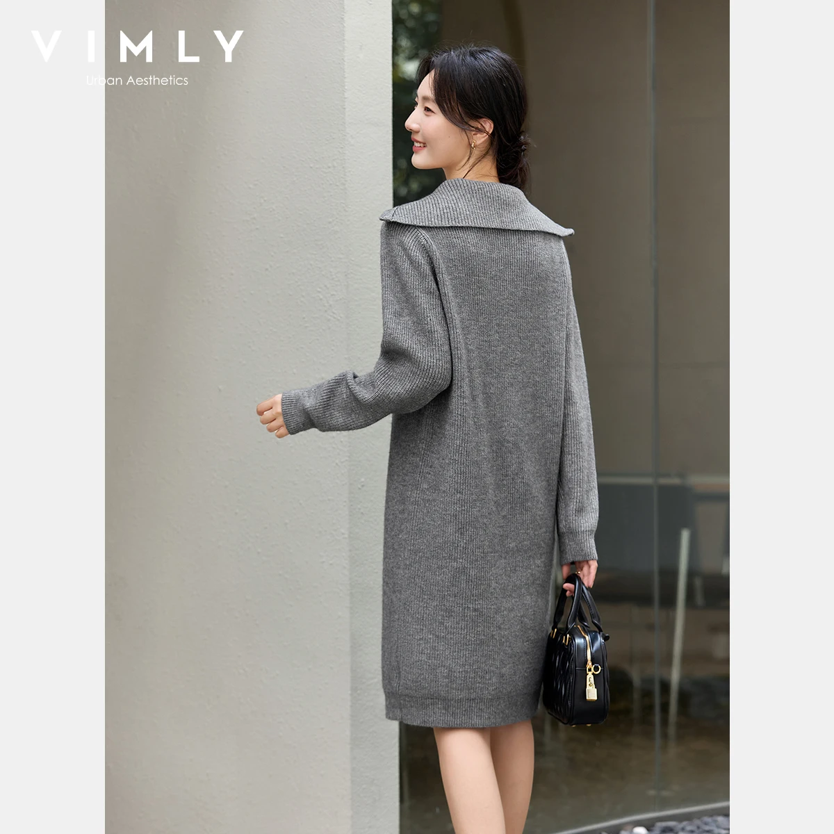 VIMLY ชุดเดรสไหมพรมผู้หญิงสีเทาแบบซิปครึ่งตัว สไตล์ลำลอง สำหรับฤดูใบไม้ร่วง 2025 รุ่นใหม่ ปกเสื้อพับได้ แขนยาว ความยาวปานกลาง ชุดเดรสไหมพรมผู้หญิง รุ่น 75193