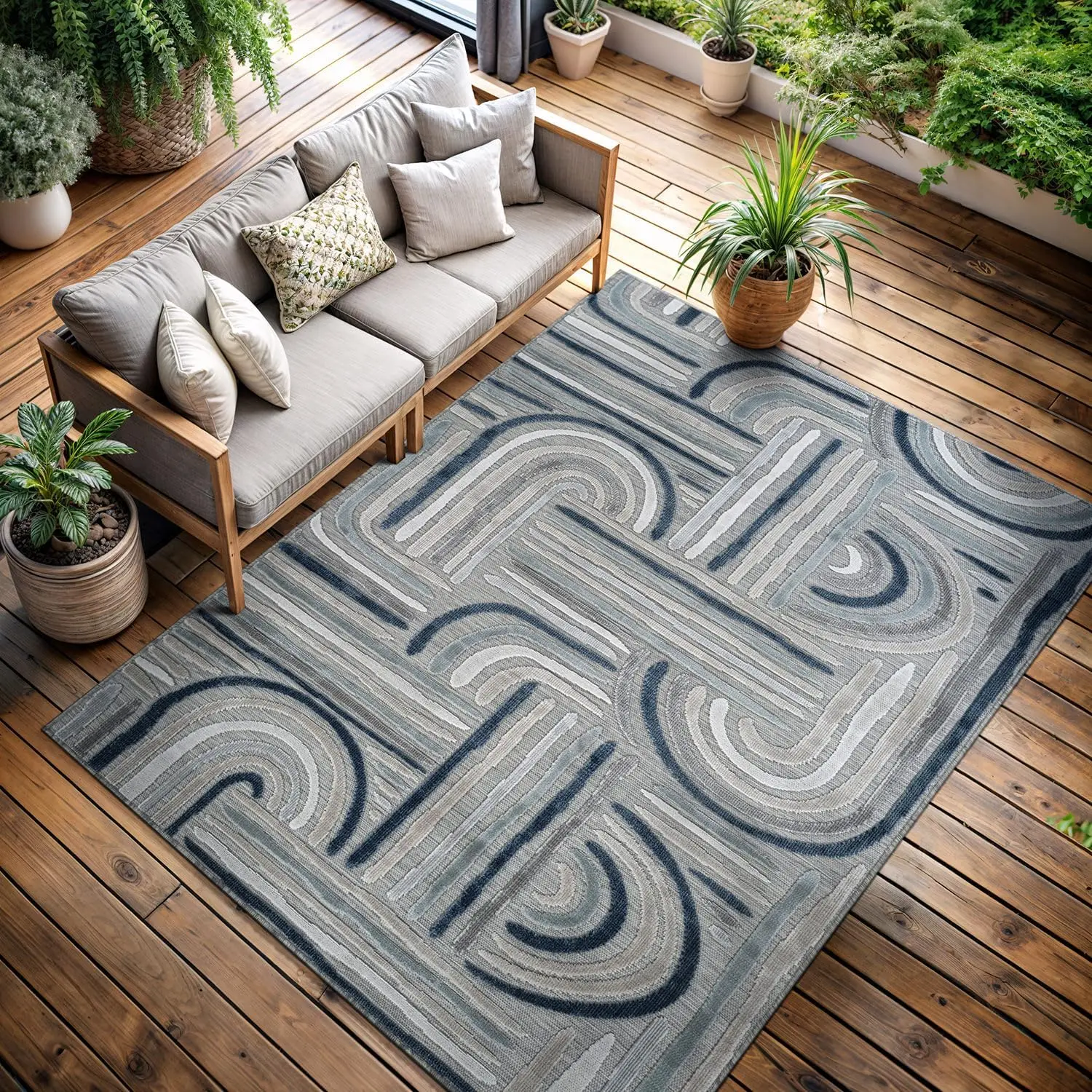 Indoor Outdoor Rug, Blue 8x10 Geometric Arch Striped Area Rugs for Patio and Home Areas, Easy-Cleaning Non-Shedding Living Room,
