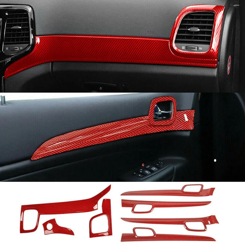 

Dashboard Panel Cover Trim+Door Handle Cover Decoration For Jeep Grand Cherokee 2011-2022, ABS Red Carbon Fiber