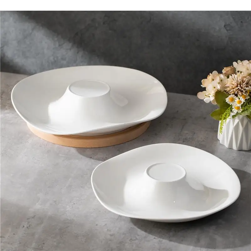 

Pure White Irregular Ceramic Dessert Plate Restaurant Thick Soup Pasta Salad Molecular Cuisine Specialty Tableware