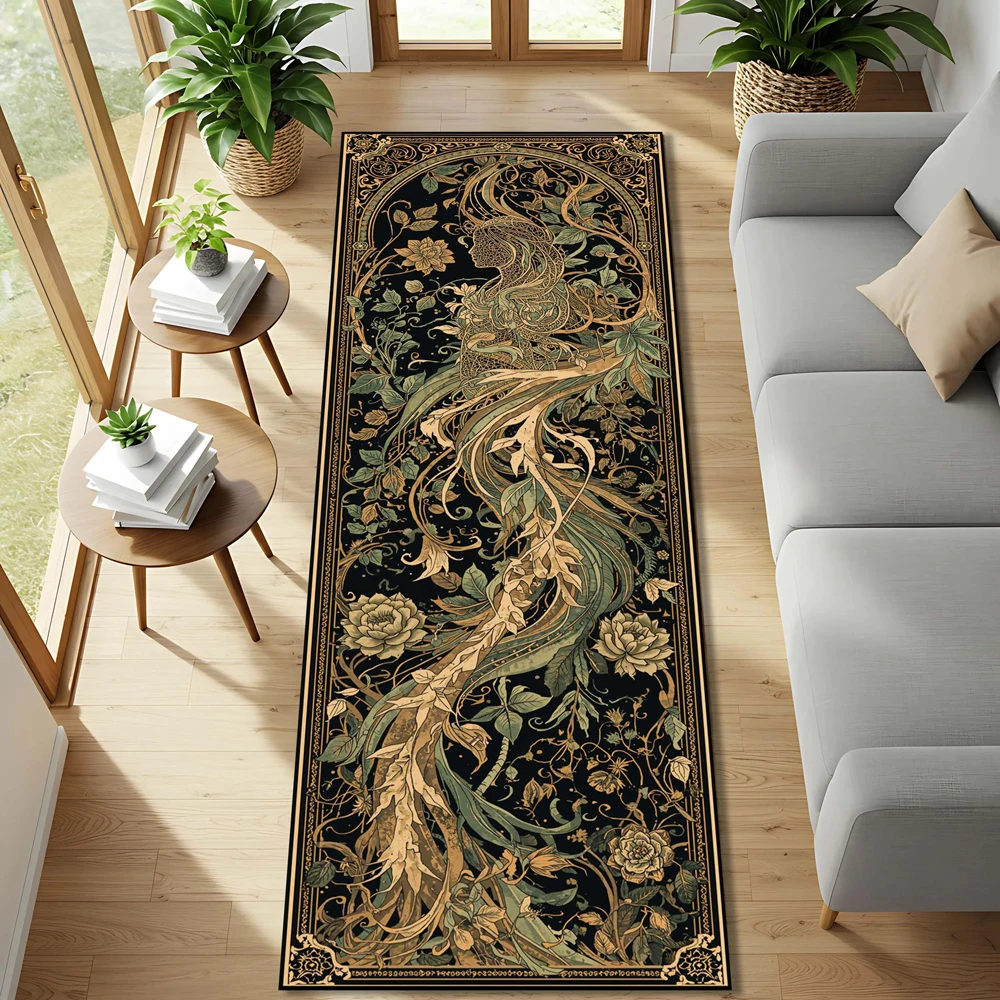 Vintage Botanical Floral Mermaid Runner Rug Retro Art Nouveau Flower Print Area Rug for Living Room Bedroom Hallway Home Decor