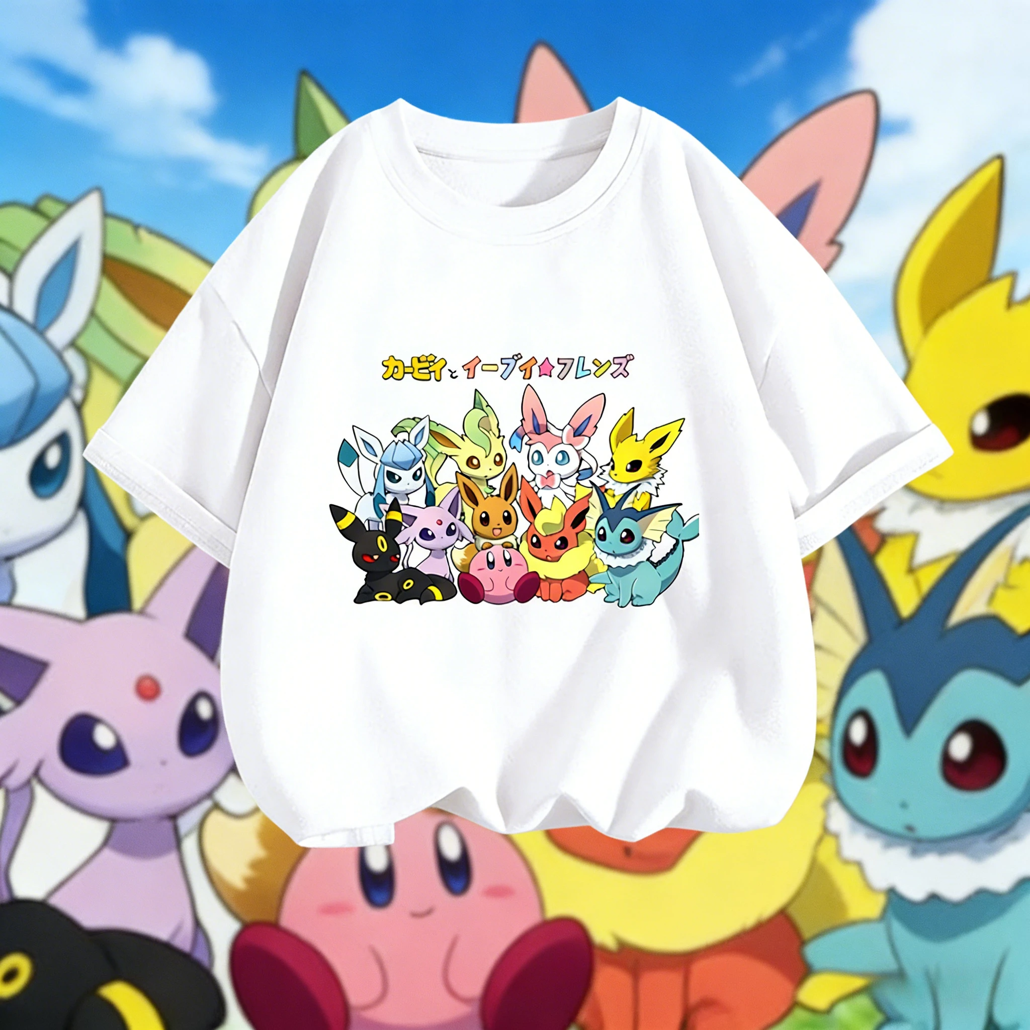 2026 Sommer Pokemon Eeveelutions & Kirby Gruppen-Print T-Shirt, 100% Baumwolle Lässiges Oversize-Shirt für Erwachsene & Kinder Y2k