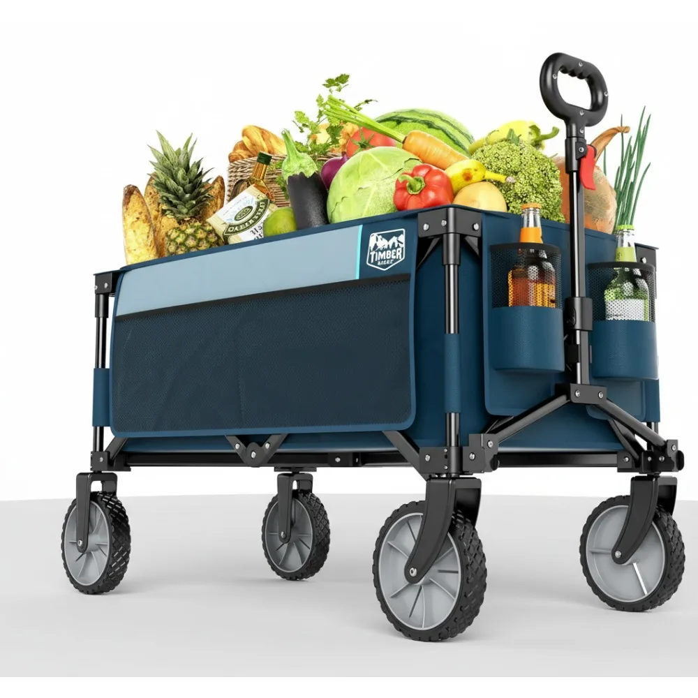 

Heavy Duty Folding Wagon Cart with Side Bag & Cup Holder - Large Capacity Outdoor Camping Garden Utility Cart for Family