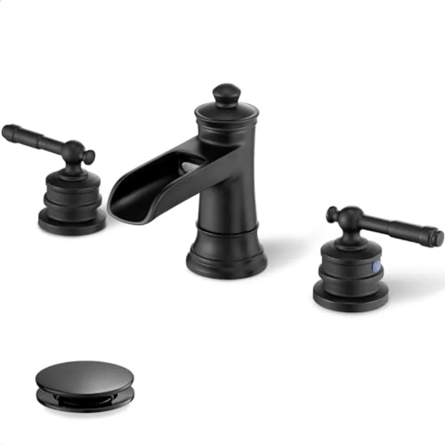 

Modern Farmhouse bathroom vanity faucet: black waterfall widespread brass 3-hole sink faucet with 2 handles supply hoses pop-up