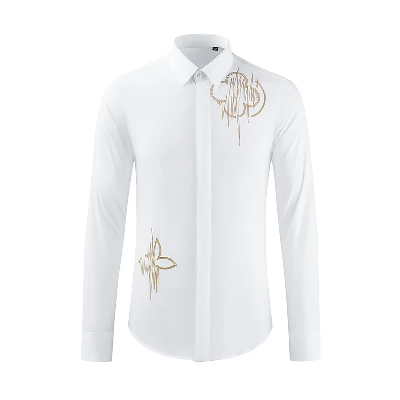 Hot Selling Embroidered Shirts Men Long Sleeved Casual Business Shirts Luxury Social Banquet Party Dress Shirts Men Clothing