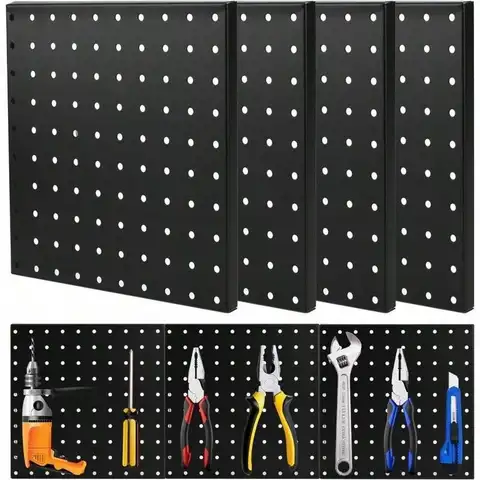 Metal Pegboard Wall Organizer 4 Pcs Heavy Duty Black Panels for Garage Workshop Craft Room