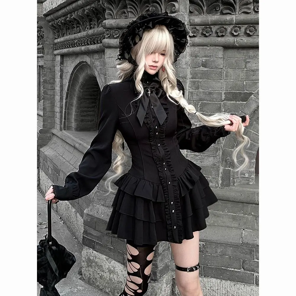 Japanese E-girl Gothic Vintage Dress Women Half High Neck Short Sleeve Bow Lace Mini Dress Cinch Waist Sweet Spicy Black Dress