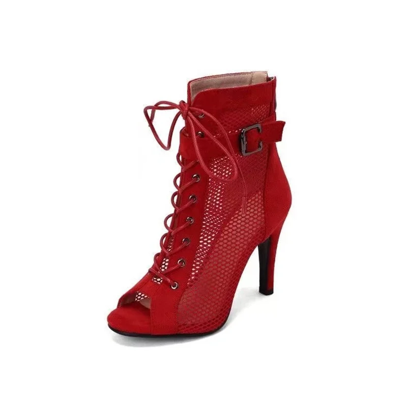 Women Boots Sandals Sexy Hollow Out Mesh Peep Toe Summer Sandals Sexy Cut-outs Gladiator Stiletto Lace-up High Heels Red Party