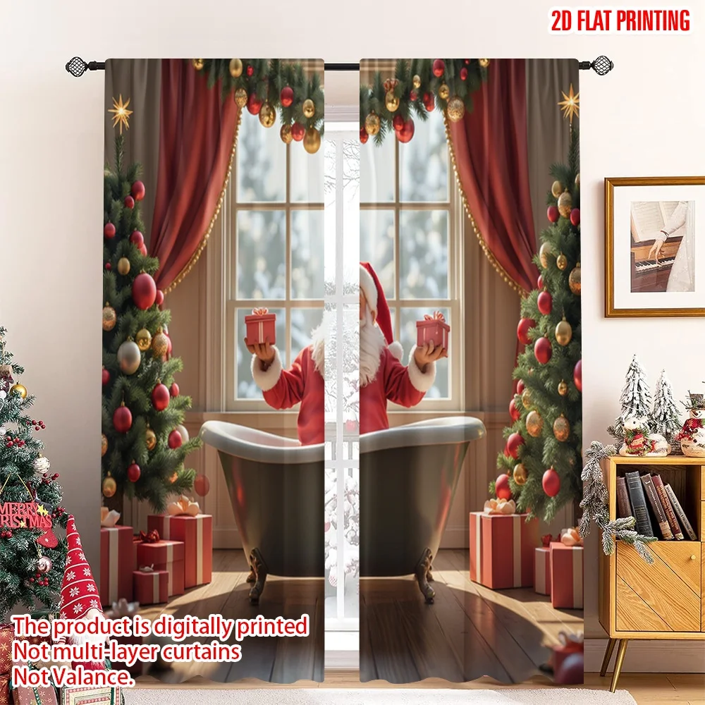 

2pcs 2D flat printing Christmas Curtain Santa Claus Christmas Gifts Bath 100% Polyester Fabric Without Electricity Family Party