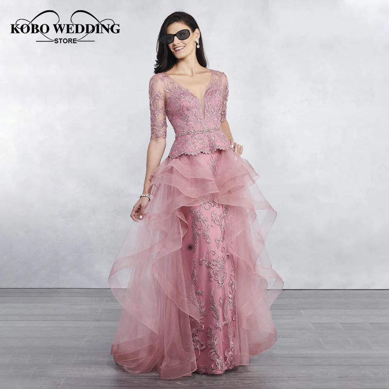 Luxe Kant Moeder Van De Bruid Jurk 3/4 Mouwen See Through Vestido De Noiva Wedding Party Dress Ruches Organza Gast jurken