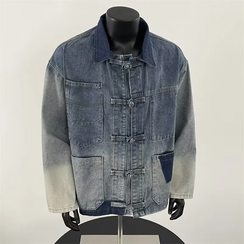 

Retro Waed Splicing Color Blo Denim Jaet Loose Fit for Men And Women Autumn Casual New Chinese Sle National Trend