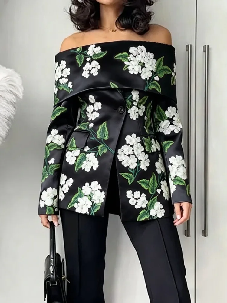 UOOZEE Office Lady Formal Evening Thin Blazer Elegant Off-Shoulder Floral Printed Long Sleeve Suit Jacket Party Outerwear 2026