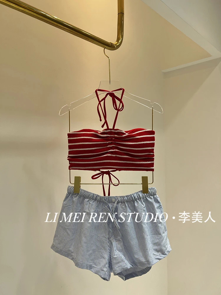 

Новый полосатый комплект с разрезными шортами для купальника для женщин на пляжный отдых